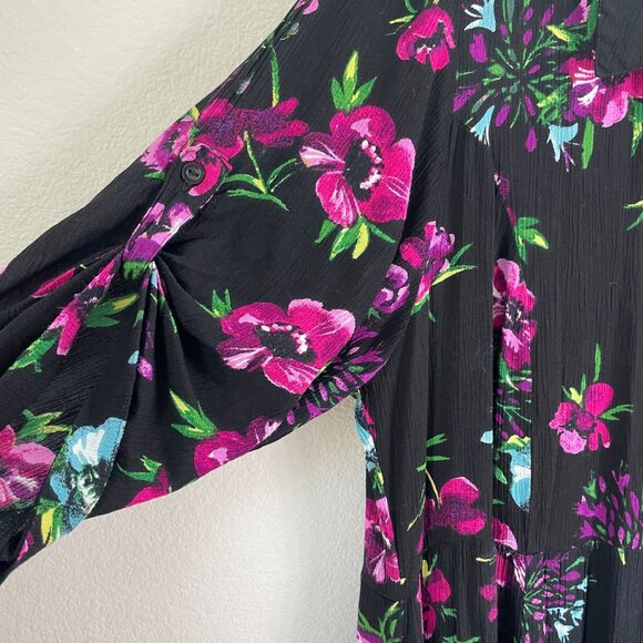 Woman Within Plus 28W Black Floral Long Button Up Maxi Dress Roll Tab Sleeve - Picture 8 of 9